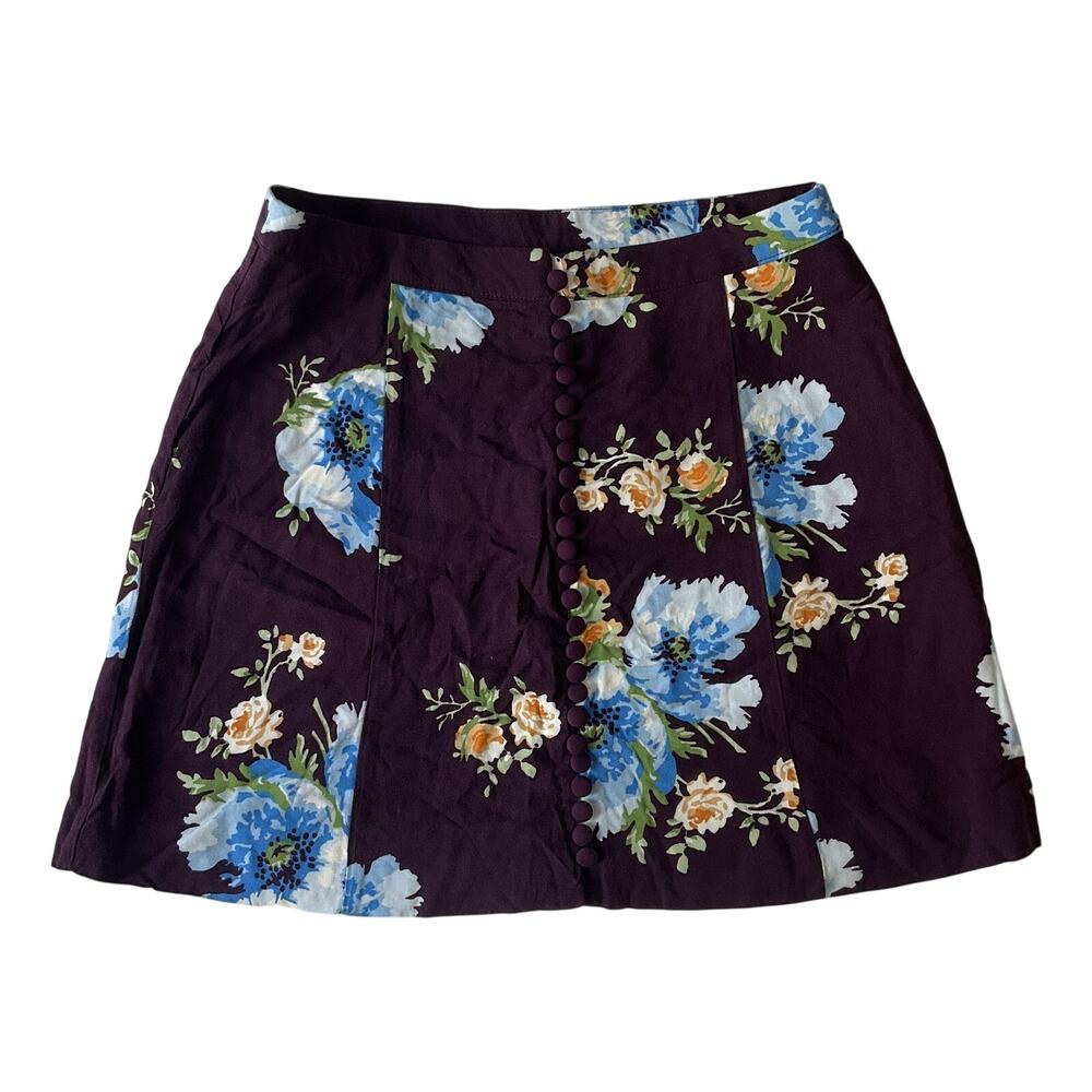 Urban Outfitters Women Skirt 0 Purple Floral Button Lined Front Mini Skirt Rayon